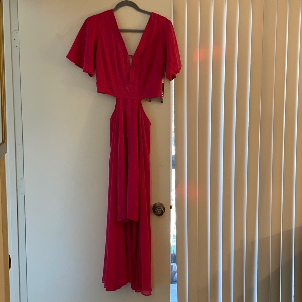 XOXO WOMENS CUT-OUT, HI-LOW MAXI DRESS
